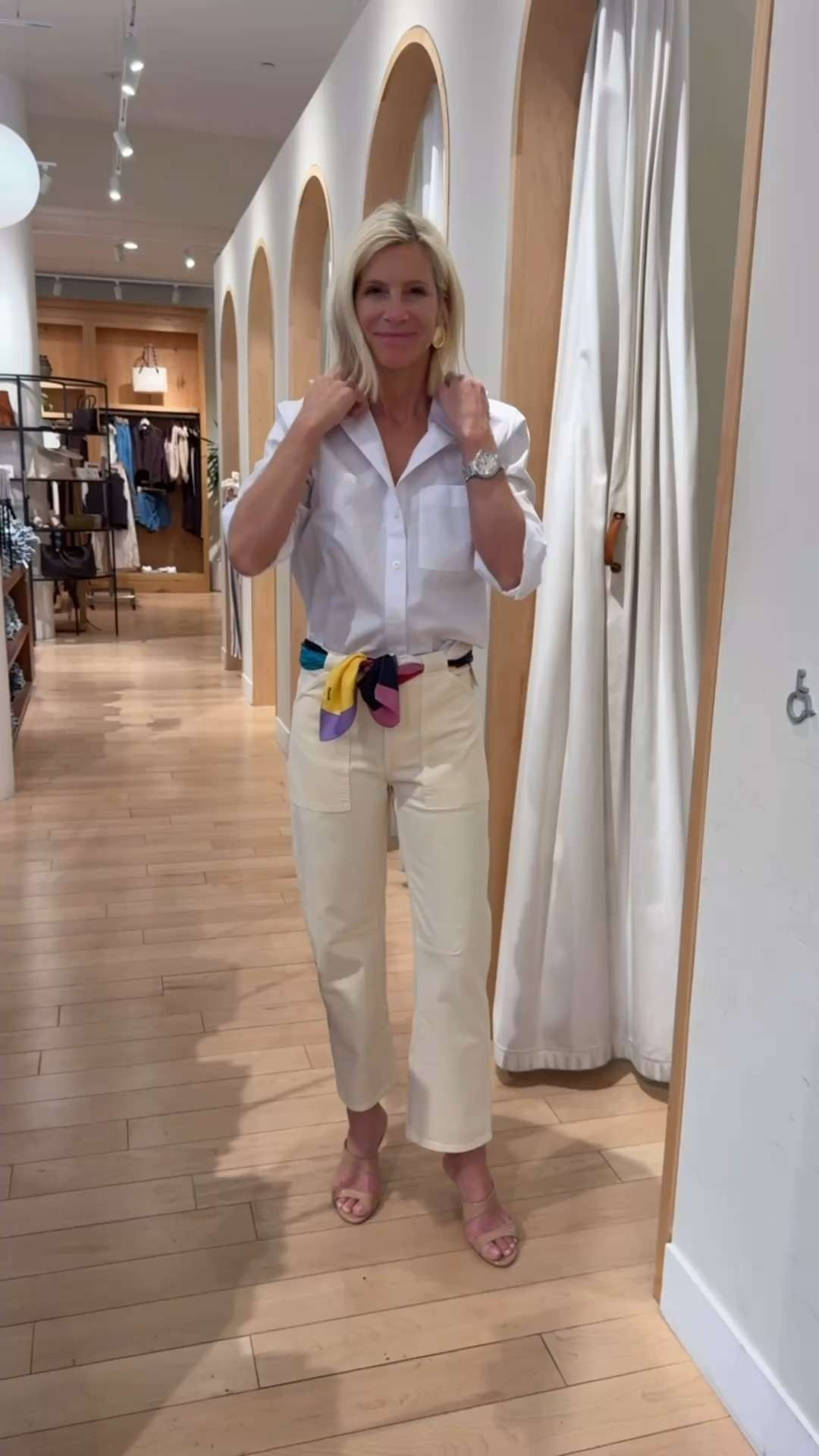 LTK app shoppers get 20% off right now 🎉 The white shirt + cream denim combo is timeless, and the scarf detail adds the perfect pop of color and 20% off on the sale. Use the code LTK20. 

 #LTKxMadewell #LTKootd #LTKSaleAlert