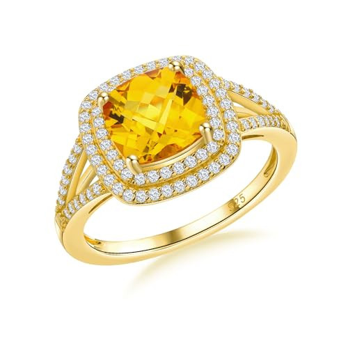 RANDES Citrine Birthstone Rings for Women Sterling Silver Gold Plated Rings Cushion Cut Engagement Wedding Ring Yellow Stone Halo Ring Size 10 | Amazon (US)