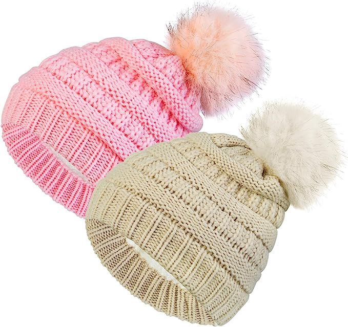 2 Pack Toddler Kids Winter Warm Fleece Lined Beanie Hats for Boys and Girls Crochet Hairball Knit... | Amazon (US)