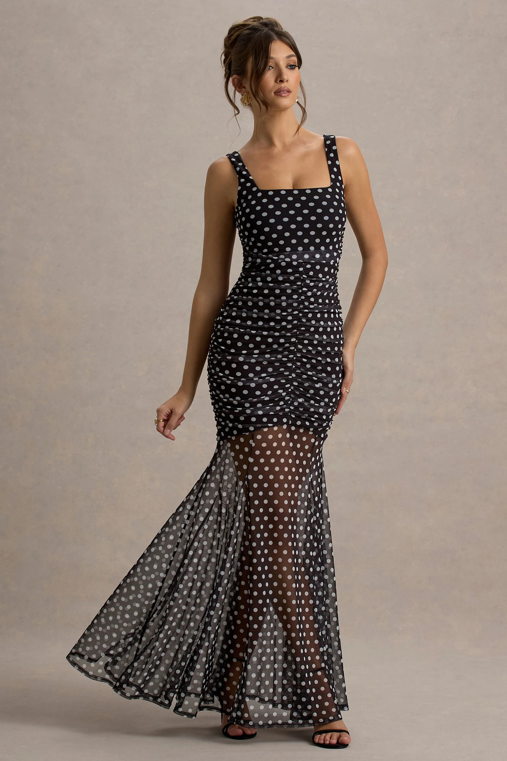 Galaxia | Black & White Polka Dot Maxi Dress With Mesh Skirt | Club L London