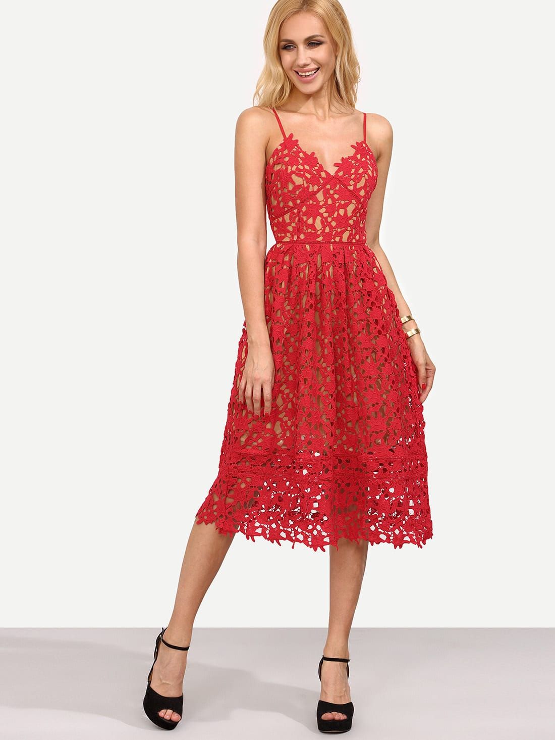 Red Hollow Out Fit & Flare Lace Cami Dress | SHEIN