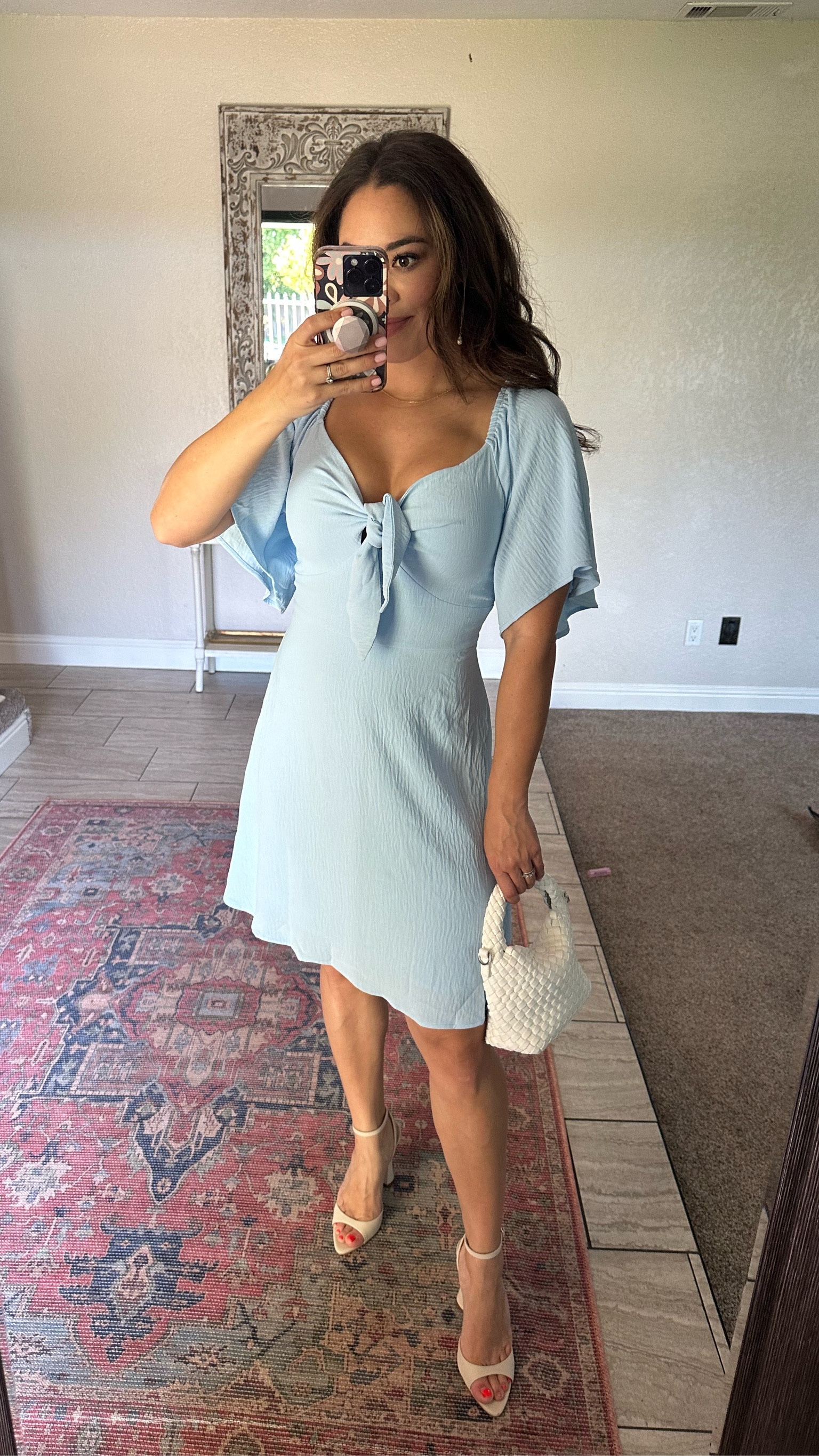 This dress!! I tried on so many from Amazon and this is a winner! Love this tissue soft material. Femininefit, the front ties to your comfort, side zips. //white woven bag // #stevemadden heels 