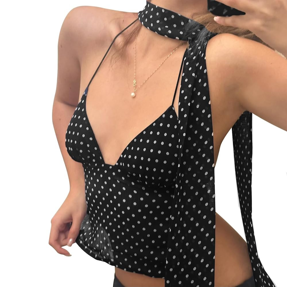 Polka Dot Tops for Women Sexy Halter Neck Backless Crop Cami Scarf Top Y2k Going Out Top Coquette... | Amazon (US)
