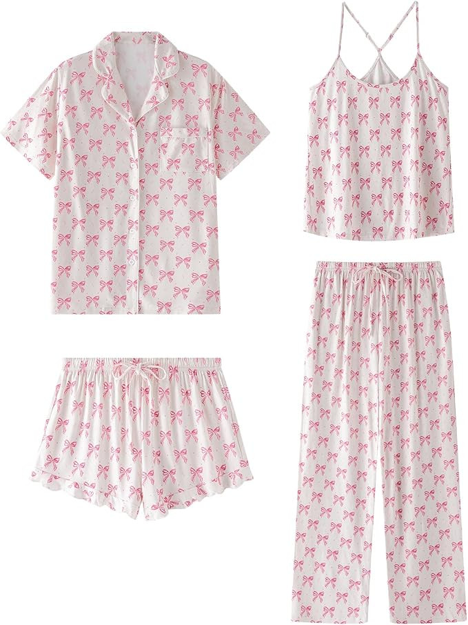 SAPJON Women Soft Pajama Sets 4 Piece, Cute Pjs, Ruffle Shorts, Cami Top | Amazon (US)