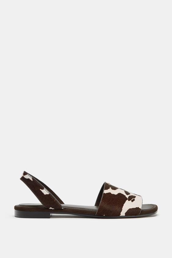 HAIR-ON LEATHER FLAT SANDALS | Zara US
