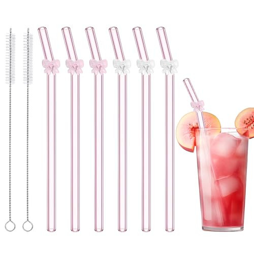 Eremaoy Pink Glass Straws - 6 PCS Cute Bow Charms | Reusable Borosilicate Glass | Shatter Resistant + 2 Cleaning Brushes | Gift for Her | Amazon (US)
