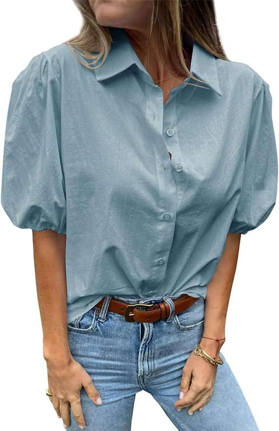 Tankaneo Women's Button Down Shirts Short Puff Sleeve Collared Dressy Casual Blouse Tops | Amazon (US)