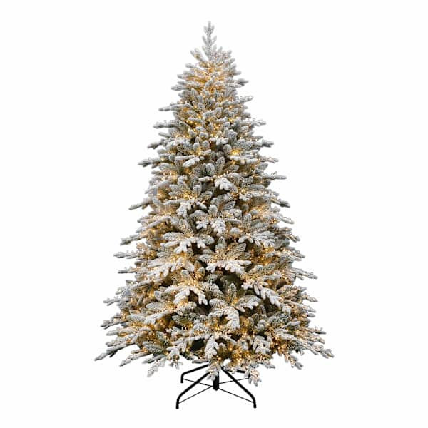 Pre-Lit Flocked Bradley Spruce Tree, 7.5', White, Plastic, sold by At Home | At Home