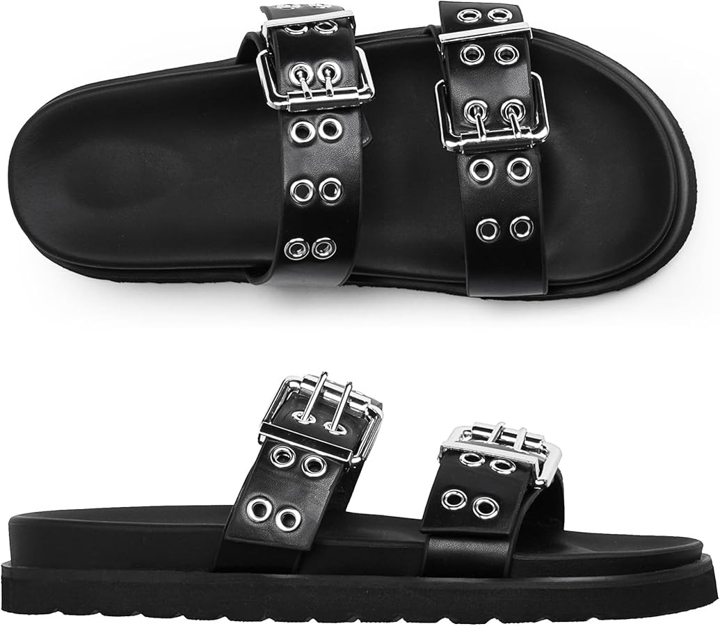 Modatope Womens Flat Sandals for Women Double Buckle Adjustable Slide Sandals Slip On Open Toe Pl... | Amazon (US)