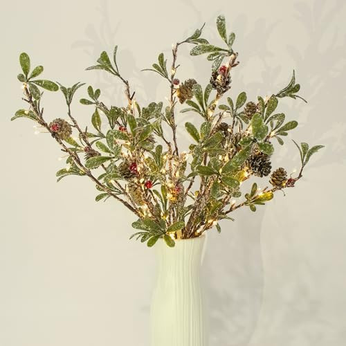 MINDELF 3 PCS Christmas Lighted Branches for Vases, 147 Lights with Snowflake Mistletoe-Leaf Berries Pine Cones, Battery Operated, Timer, Handmade Artificial Evergreen Sprig for Indoor Outdoor | Amazon (US)