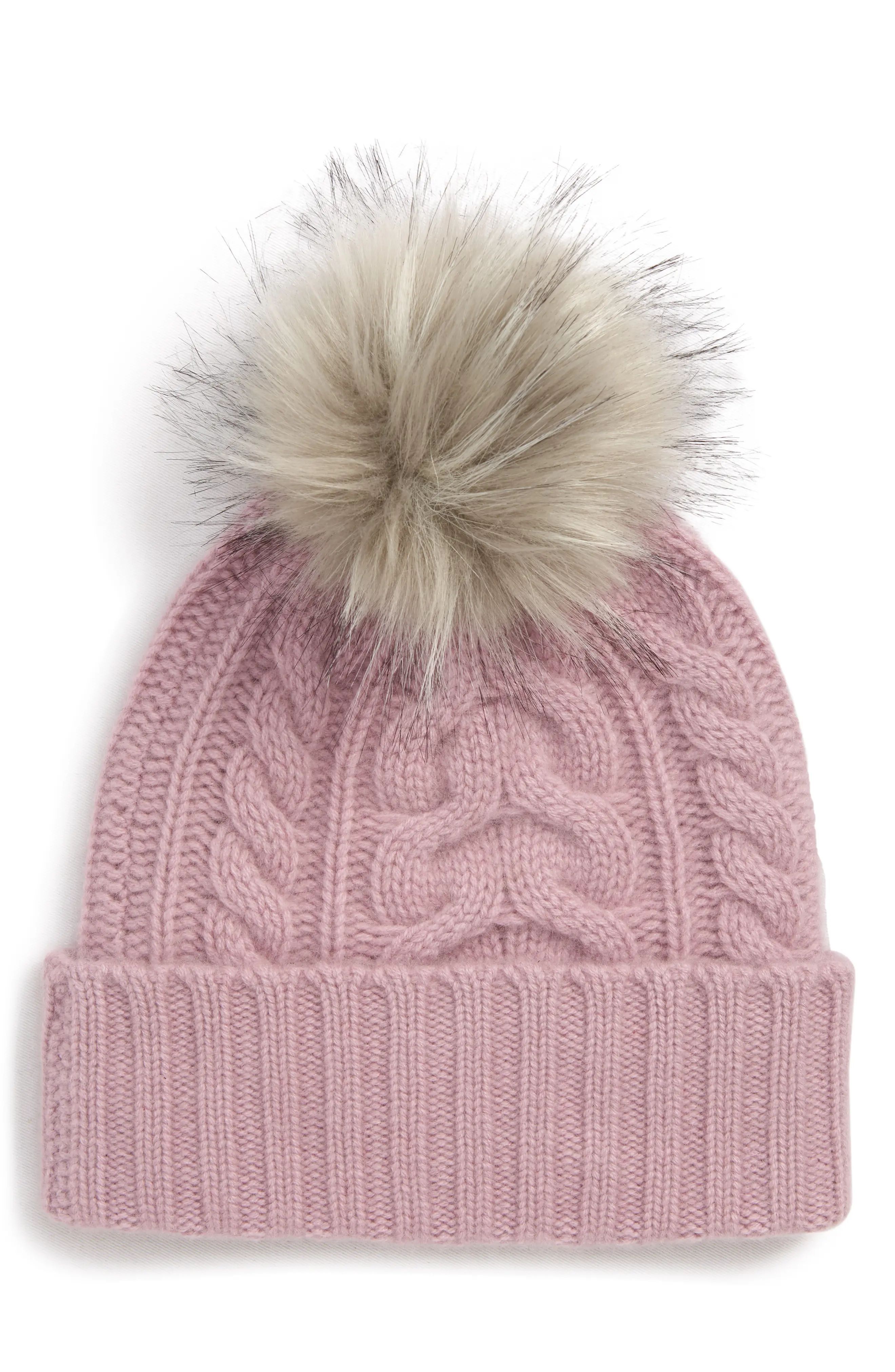 Halogen® Cashmere Cable Knit Beanie with Faux Fur Pom | Nordstrom