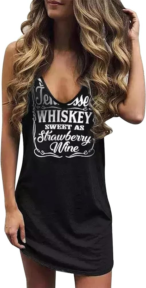 Summer Sexy V Neck Mini Dress for Women Smooth As Tennessee Whiskey Sweet As Strawberry Wine Slee... | Amazon (US)