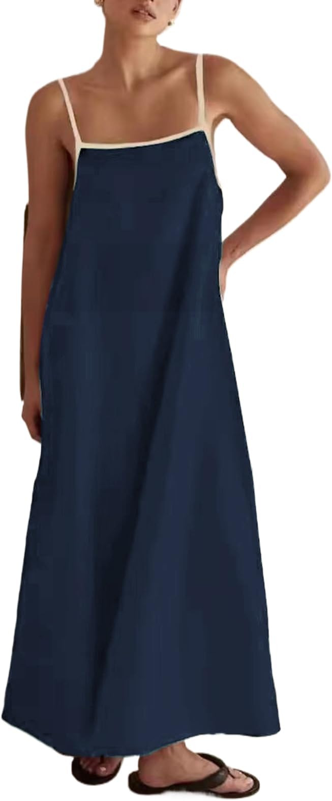 Lisskolo Women Spaghetti Strap Maxi Dress Solid Color Linen Sleeveless A Line Contrast Swing Beac... | Amazon (US)