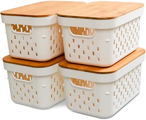 Citylife 4 PCS Storage Baskets with Bamboo Lids Plastic Baskets for Organizing Stackable Storage ... | Amazon (US)