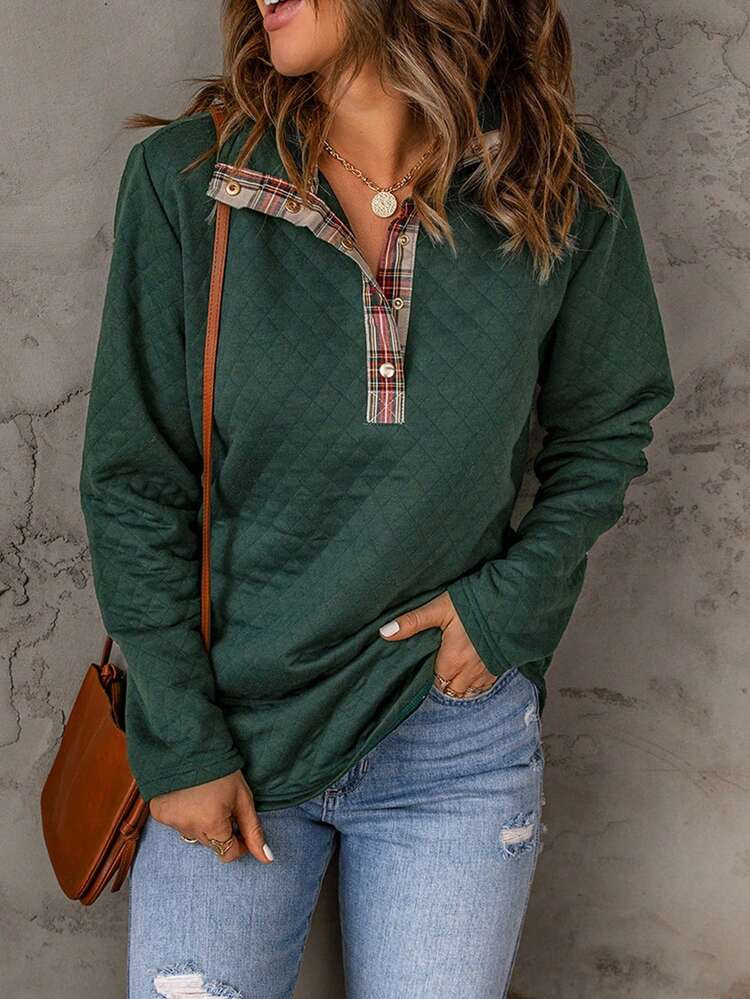 CILKOO Women's Button Plaid Contrast Color Long Sleeve Casual Loose Comfortable Sweatshirt | SHEIN