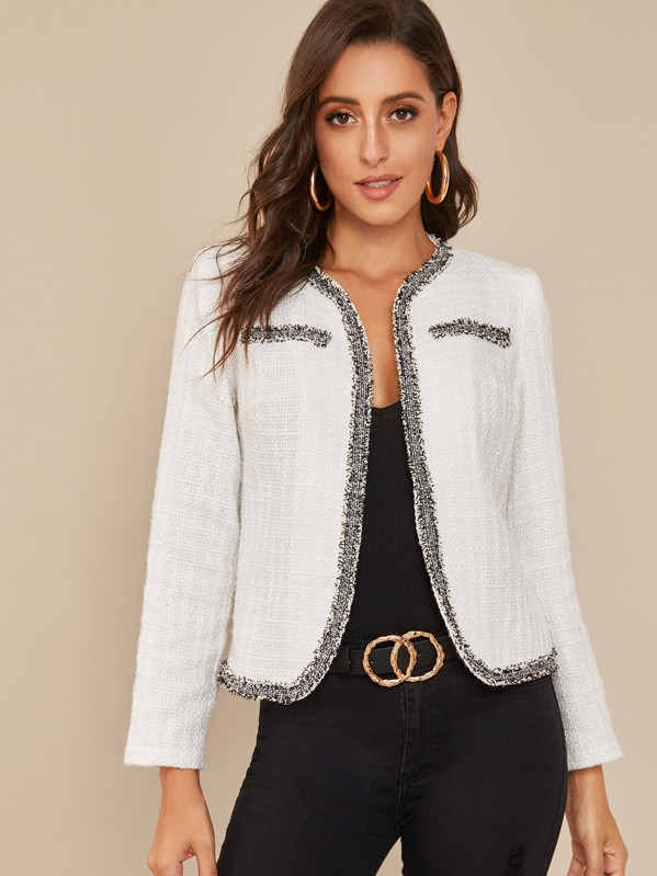 SHEIN Open Front Contrast Trim Tweed Jacket | SHEIN