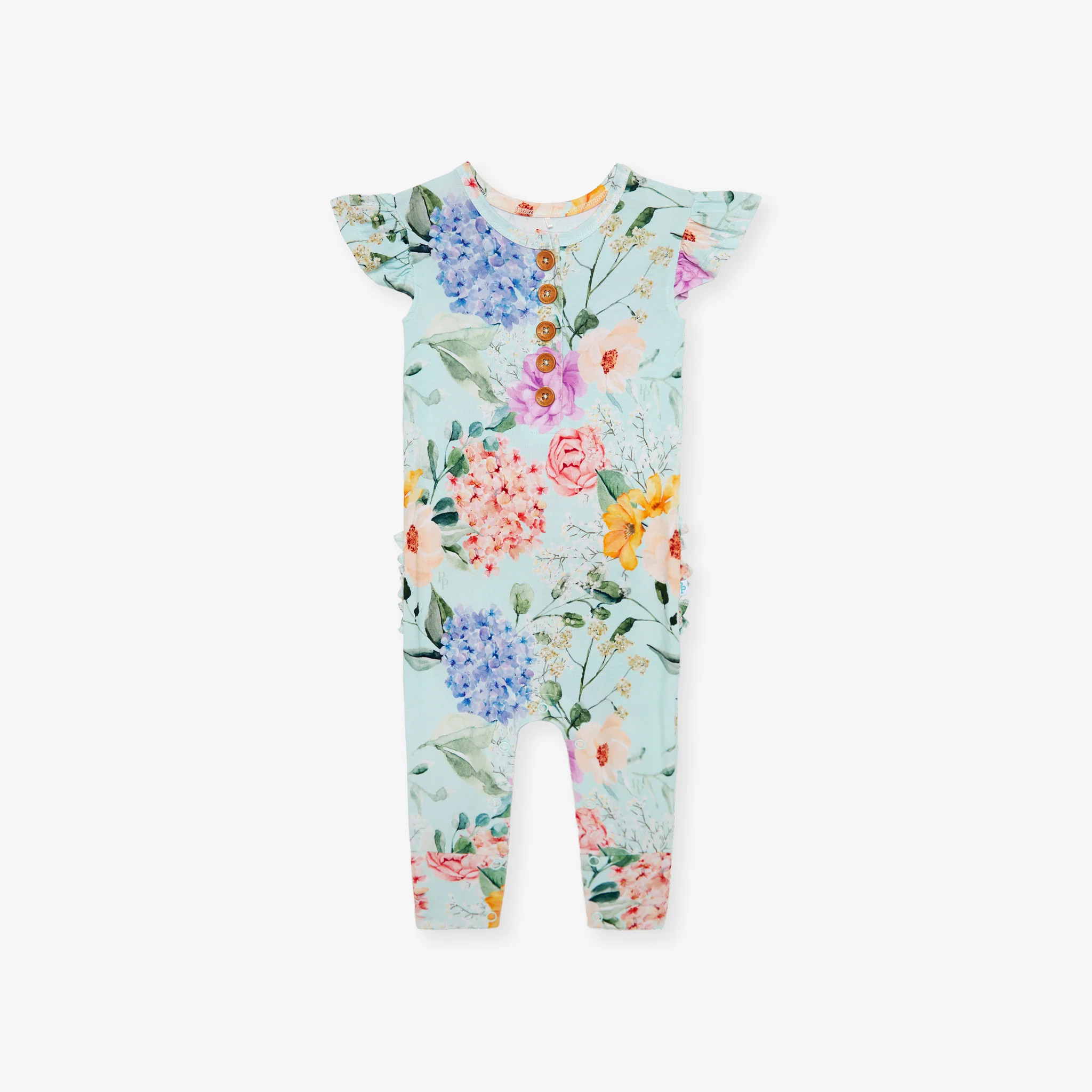 Ruffled Cap Sleeve Henley Romper | Erin | Floral Baby Girl Romper | Posh Peanut