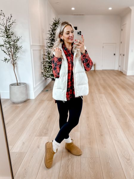 Holiday outfit idea // this flannel is longer in the back and the softest material. Wearing an xs in flannel,  xs in leggings and small in puffer vest. Ugg look for less boots are so comfy! 

#LTKSeasonal #LTKshoecrush #LTKHoliday