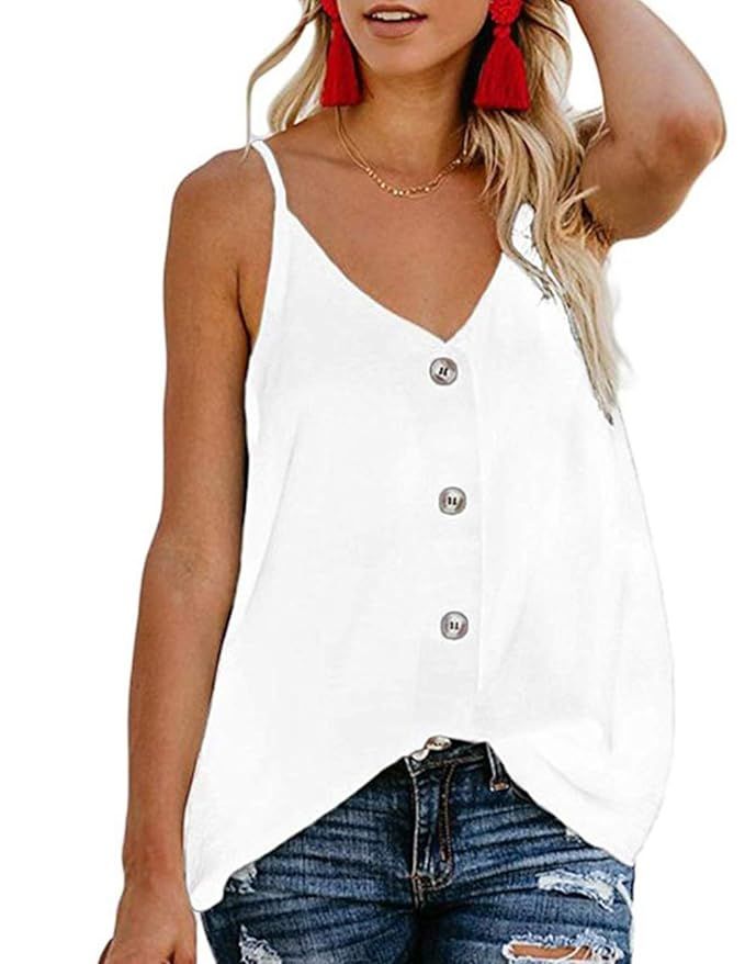 Buauty Women's Casual Button Down Tank Tops V Neck Strappy Cami Blouses Loose Casual Sleeveless S... | Amazon (US)