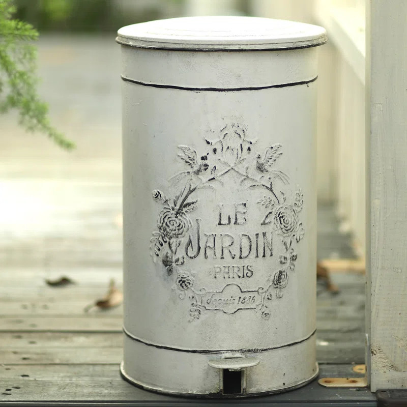 4.5 Gallon Vintage Metal Step On Trash Can With Lid and Liner, Rustic Farmhouse White Metal Garba... | Wayfair North America