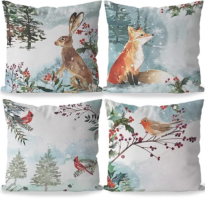 DOTAIN Farmhouse Vintage Christmas Animals Bunny Rabbit Northern Cardinal Fox Throw Pillow Covers... | Amazon (US)