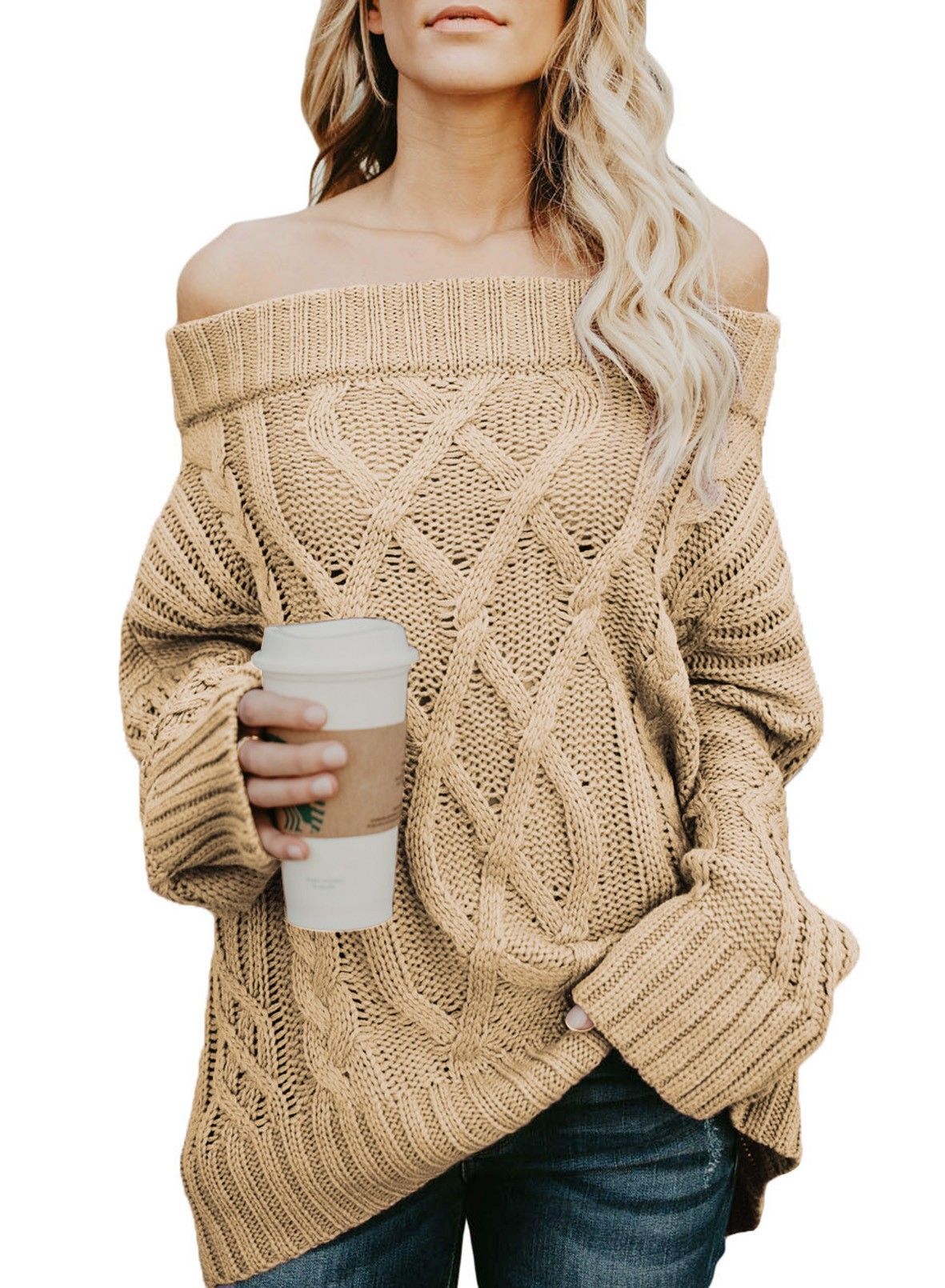 Womens Sweater Off The Shoulder Pullover Sweaters Cable Knit Chunky Striped Tops - Walmart... | Walmart (US)