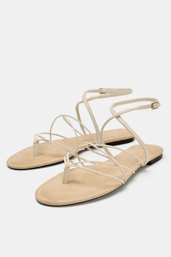 FLAT LEATHER STRAPPY SANDALS | Zara UK