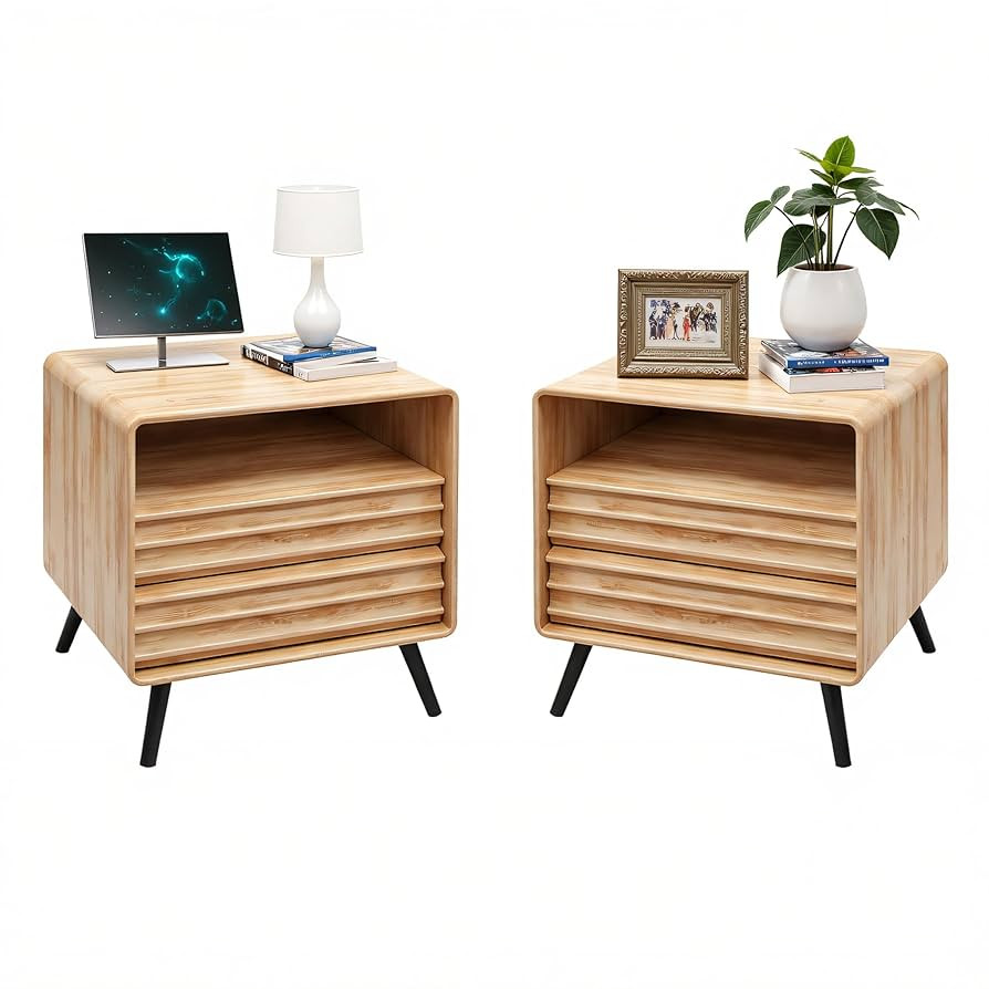 RedLemon 24" Nightstand Set of 2 with Charger Station, Mid Century Modern Fluted End Table with 2... | Amazon (US)