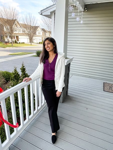 Pants: TTS - 6P. Stretchy. Functional front pockets. Pants flare at the bottom and really balance out my curves/pear-shaped body well!
Top: S. and so versatile!
Jacket: S. Husband is obsessed with this on me. His reaction was really cute. 
Shoes: size up because the toe box is quite narrow. I’m normally a size 7 but exchanged them for a size 7.5 for a more comfortable fit. Use code “SARAHFLINT-BARONICA” for $50 off!
Necklace: Had this evil eye necklace for over 2 years. Use code “Friends” for 30% off!

On the clothing site: sign up for emails so you can receive the 20% off first purchase coupon!

#LTKGiftGuide #LTKSeasonal #LTKfit