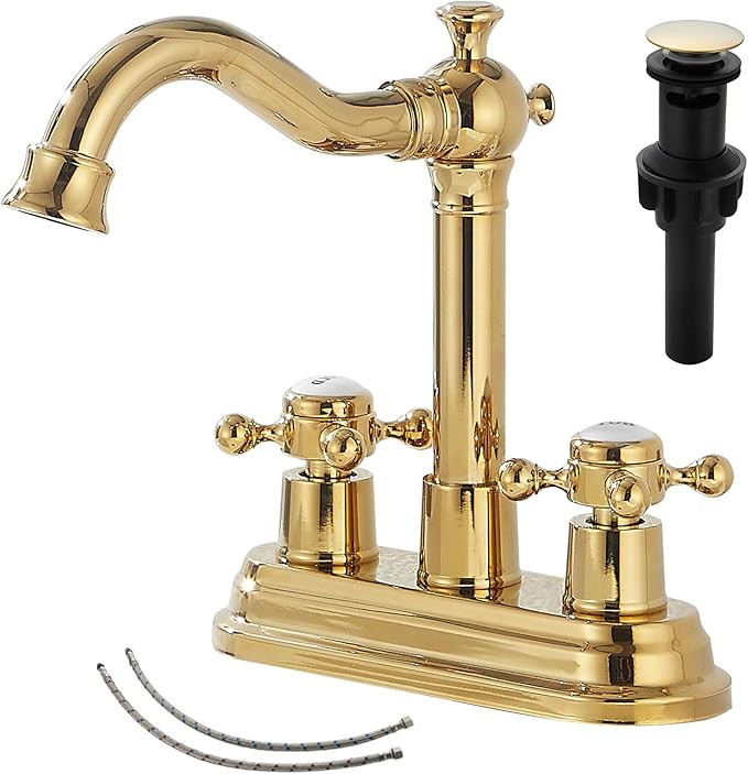 GGStudy Bathroom Faucet Polished Gold 2 Handles 4 Inches Centerset Bathroom Vanity with Drain Ass... | Amazon (US)