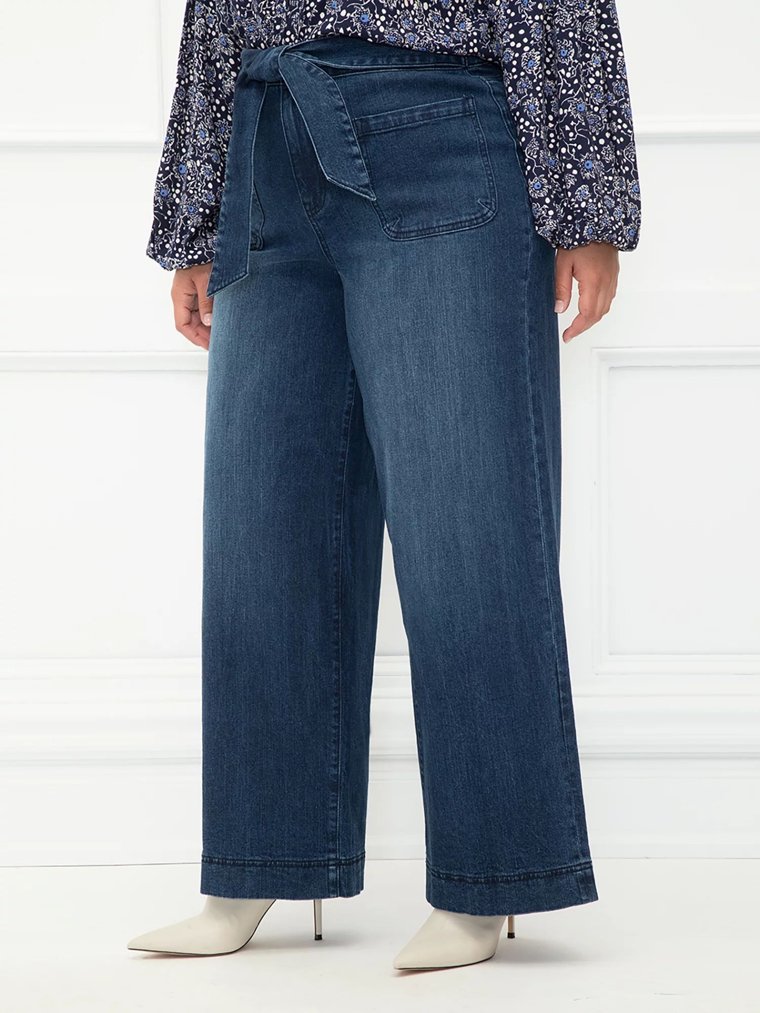 ELOQUII Elements Women's Plus Size Wide Leg Belted Front Pocket Jean - Walmart.com | Walmart (US)