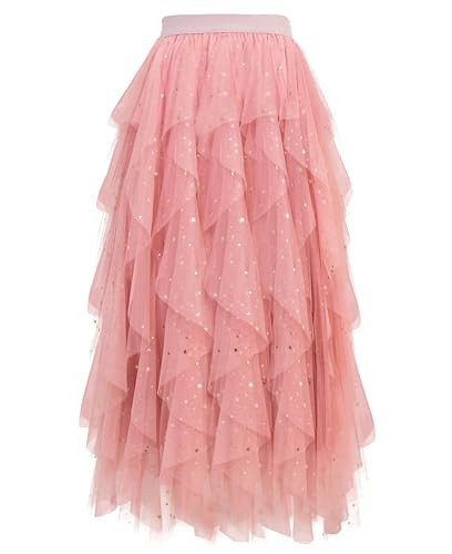 THHGPO Tulle Skirts for Women A Line Fairy Tiered Skirt Midi Length High Elastic Waist Long Skirt Sequin Blush L | Amazon (US)