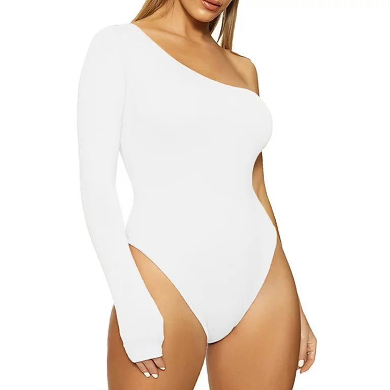 Riforla Solid Color Asymmetric One Shoulder Long Sleeve Bodysuit Women's Bodysuit White XL | Walmart (US)