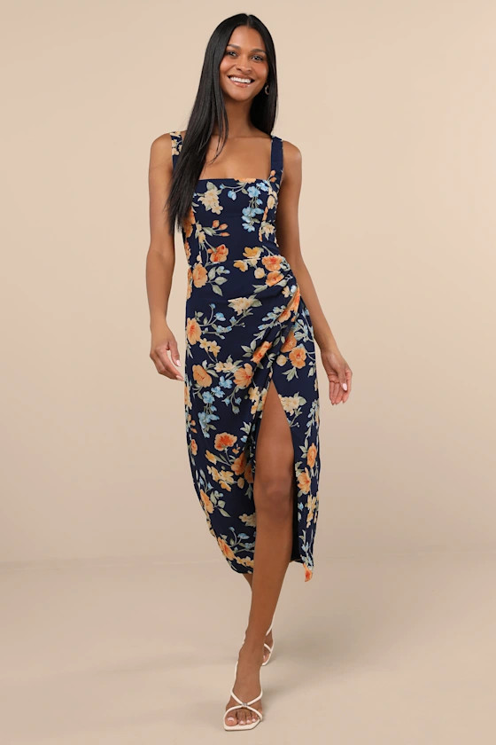 Lesina Navy Blue Floral Sleeveless Midi Dress | Lulus
