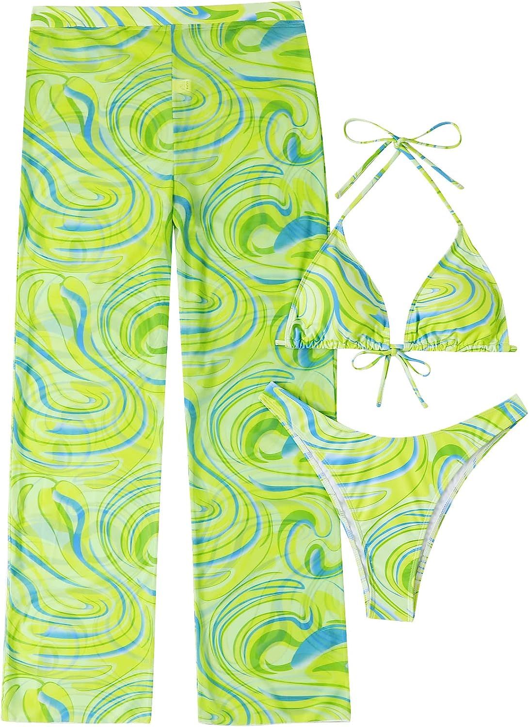 SOLY HUX Women's Printed Halter Bikini Bathing Suits with Cover Up Pants 3 Piece Swimsuits | Amazon (US)