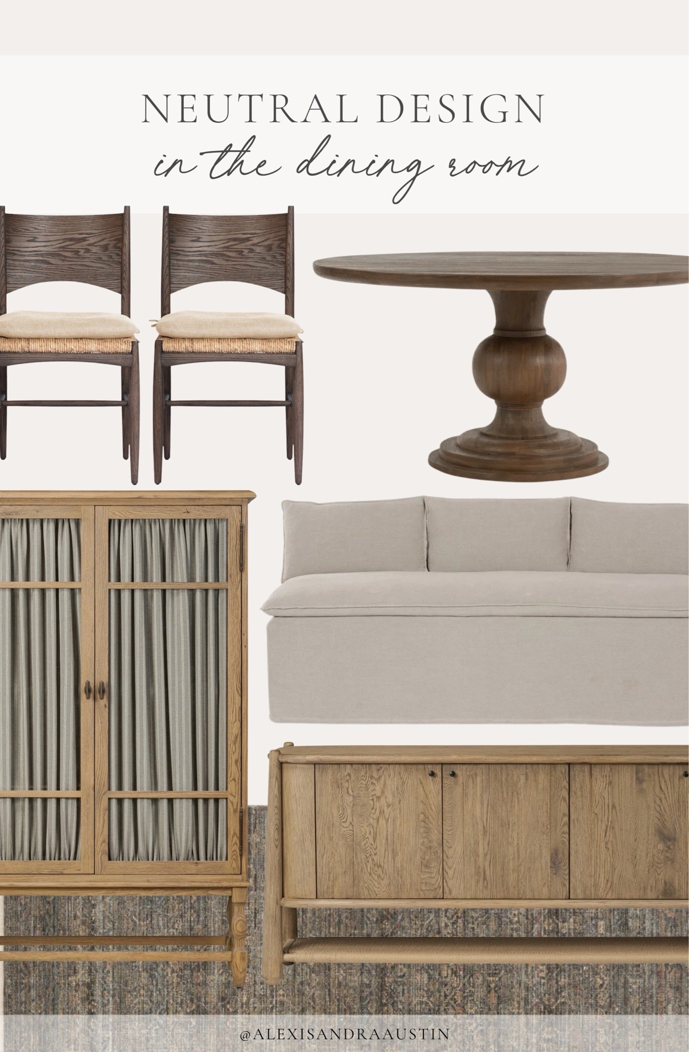 Neutral dining room inspo! From quality neutral wood tones to rich wood tones, loving these furniture finds for a timeless space this season.

Home finds, neutral home inspo, furniture favorites, neutral wood tones, accent chair, linen banquette, wooden sideboard, dining hutch, timeless home inspo, round dining table, vintage style area rug, summer refresh, collected style, Wayfair, Lumens, Four Hands, Amber Lewis, Loloi, shop the look!

#LTKSeasonal #LTKHome