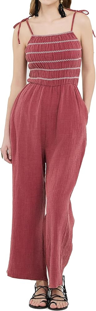 Amazon.com: noflik Women's Casual Summer Loose Cotton Spaghetti Straps Smocked Top Wide Leg Gauze... | Amazon (US)