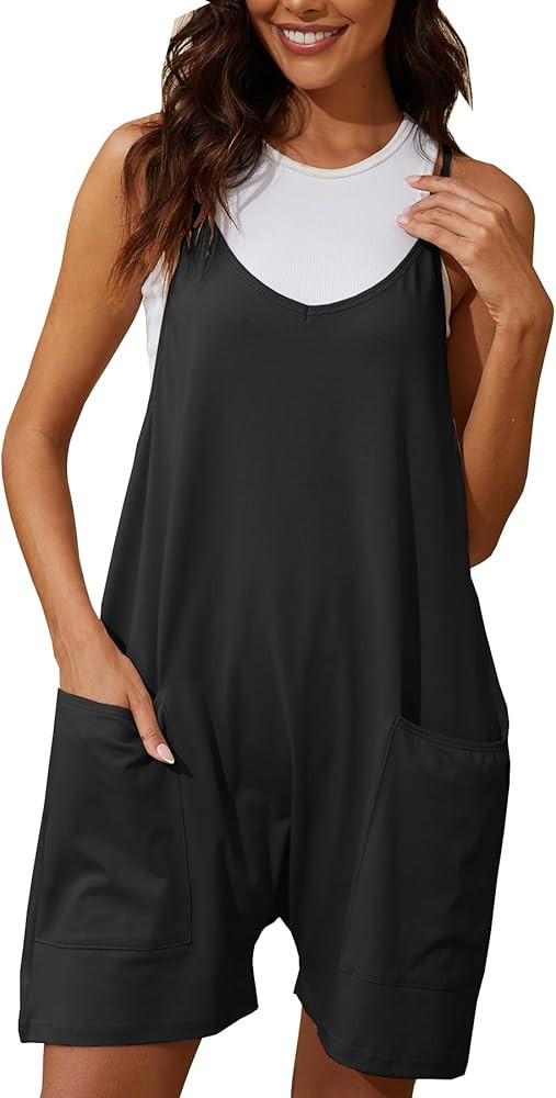 Muchpow Women's V Neck Sleeveless Romper Summer Casual Loose Spaghetti Strap Short Overalls Jumpe... | Amazon (US)