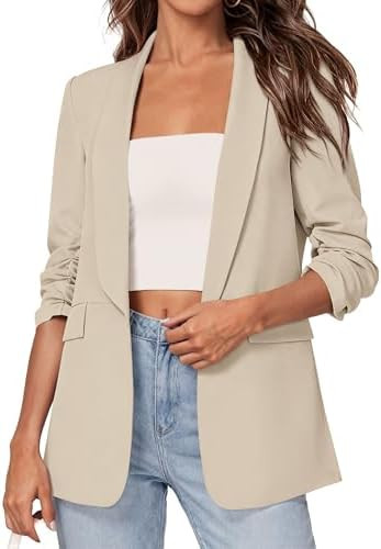 PRETTYGARDEN Women's 2026 Spring Blazers Business Casual Outfits Open Front Ruched 3/4 Sleeve Lig... | Amazon (US)