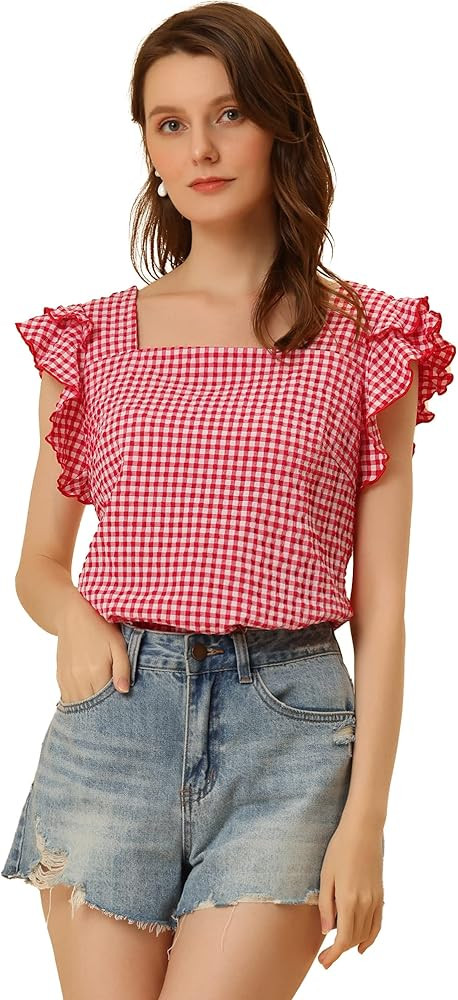 Allegra K Summer Gingham Tops for Women's Square Neck Ruffle Cap Sleeve Blouses | Amazon (US)