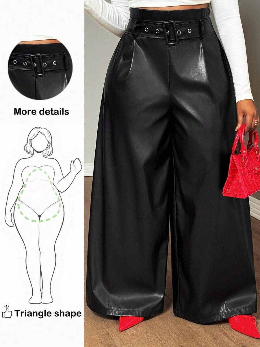 Truni Lacenleopard Plus Size Women Faux Leather Wide Leg Pants (With Belt), For Winter, For Pear ... | SHEIN