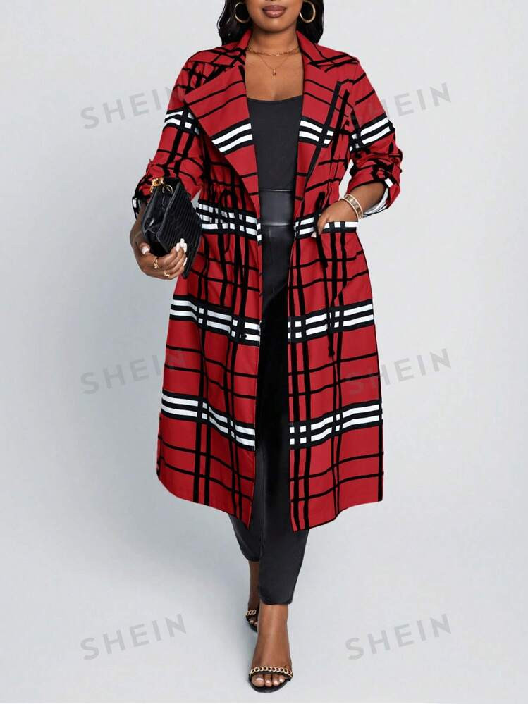 SHEIN Lady Plus Size Women's Classic Elegant Commuter Plaid Notched Collar Checked Mid-Sleeve Mid... | SHEIN