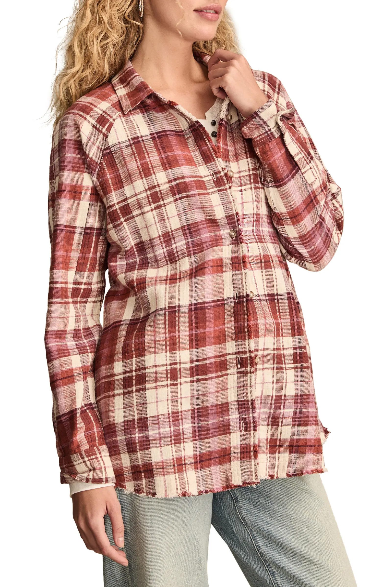 Frayed Plaid Button-Up Tunic Shirt | Nordstrom