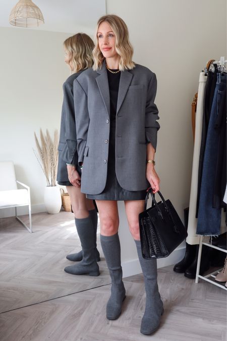 Grey blazer outfit - leather mini skirt - knee high boots - the Frankie shop #miniskirt #leatherskirt #blazer #greyblazer #kneeboots

#LTKshoecrush #LTKSeasonal #LTKeurope