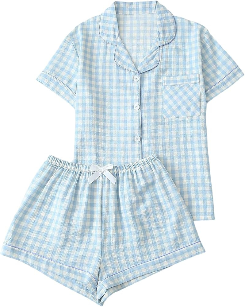 Verdusa Women's Plaid 2 Piece Cute Pajama Sets Short Sleeve Button Down Shirts with Shorts Lounge... | Amazon (US)