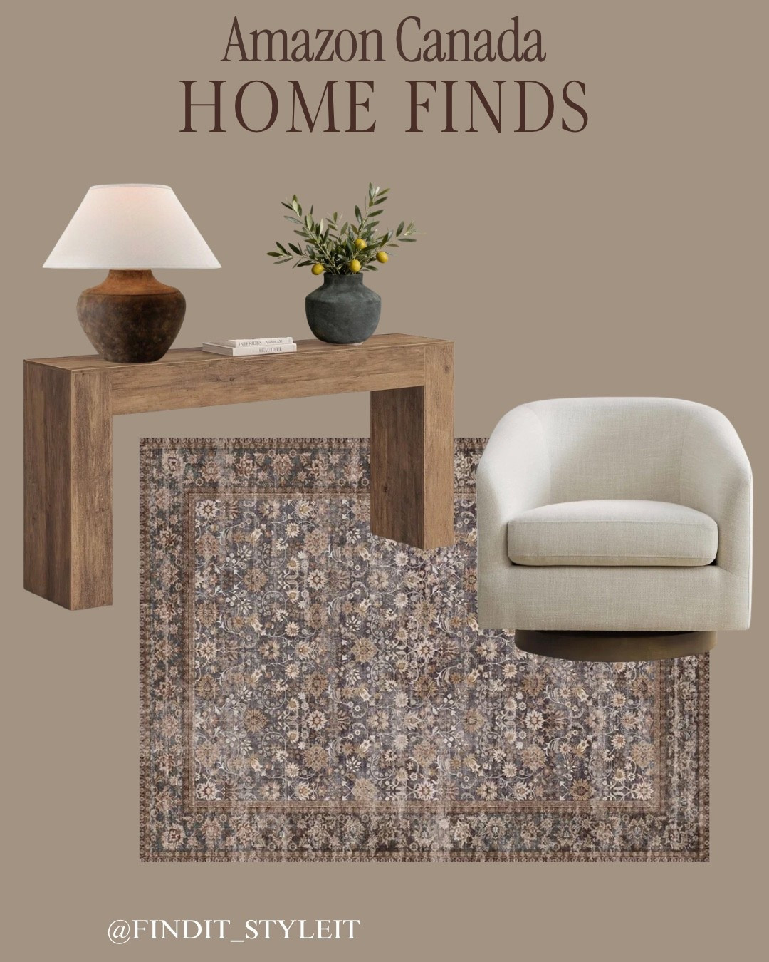Neutral home finds from Amazon including a wood console table, a swivel accent chair, an affordable vintage-inspired area rug and a small black ceramic flower vase. 

#amazoncanada
#neutralhome
#arearug
#falldecor
#consoletable

#LTKcanada #LTKhome #LTKfall
