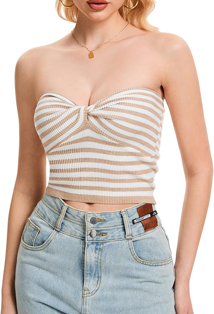 Womens Tube Tops Twist Knot Summer Strapless Y2K Crop Top Ribbed Knit Vacation Outfits | Amazon (US)