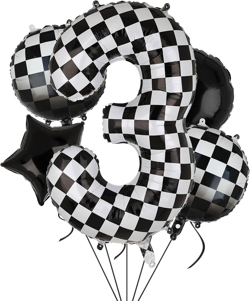 40 Inch Checkered Number Balloon 3 Black and White Race Car Birthday Balloons Baby Hippie Smile P... | Amazon (US)