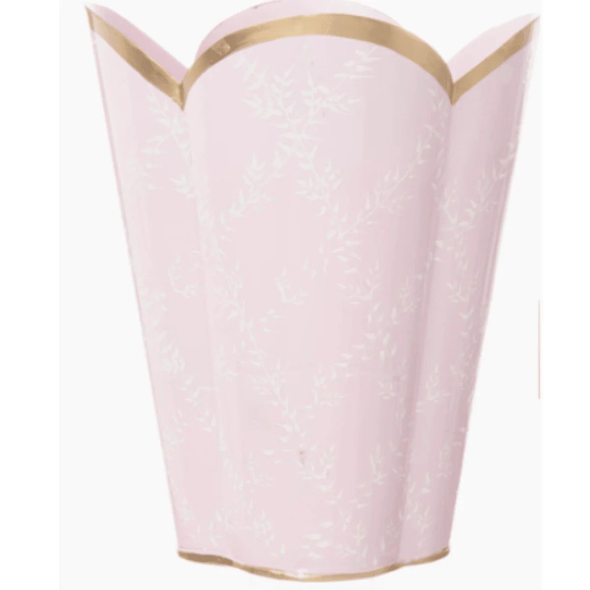 Pink Trellis Design Scalloped Gold Edge Wastebasket | The Well Appointed House, LLC