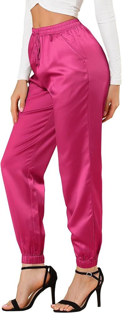 Allegra K Women's Drawstring Elastic Waist Athleisure Pants Ankle Length Satin Joggers with Pocke... | Amazon (US)